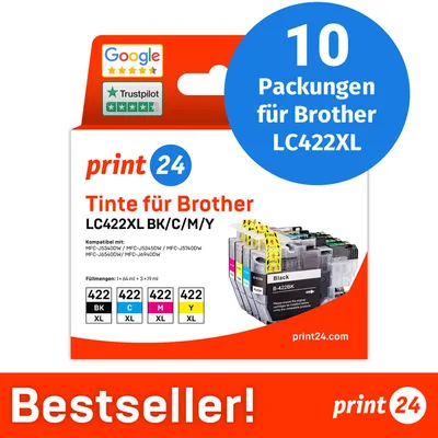 Image de NOUVEAU : print24 Cartouches d'encre pour Brother LC422XL, multipack (BK/C/M/Y), 10 pièces