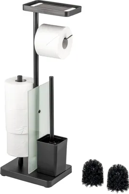 Produktbild von eluno Stand-WC-Garnitur 4in1, freistehende Toilettengarnitur inklusive WC-Bürste, 2 Ersatzbürstenköpfe, (Ersatz-) Rollenhalter für 3 Rollen, Ablage, satiniertes Glas und Metall, in schwarz