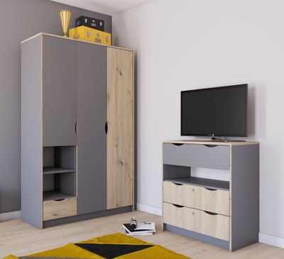 Drehtürenschrank Kleiderschrank Schrank Garderobenschrank Kinderkleiderschrank mit einer Schublade zwei Einlgeböden 120 cm Grau/Artisan Eiche JOY II3T