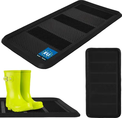 A collage of images showing a black rubber shoe tray with a blue EU logo, and a pair of yellow rubber boots placed on a similar tray.