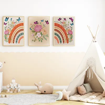Produktbild von Regenbogen Schmetterling Blumen Bilder 3er Set DIN A4 Kinderzimmer Wandbilder Babyzimmer Poster Dekoration