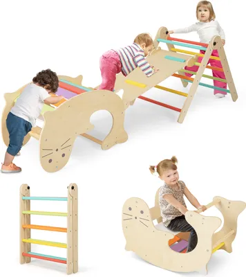 A collage of images showing children playing with a wooden climbing toy set.