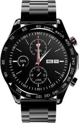 A black smartwatch with a metal band is shown from a front-facing angle against a white background.