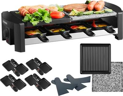 Produktbild von Steinborg Raclette Grill | Raclette Party Grill für 8 Personen | Mit kombinierter Grillfläche | Naturgrillstein und Grillplatte | 1.300 Watt | Antihaftbeschichtet und spülmaschinengeeignet | inkl. 8x Spachtel