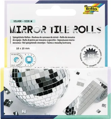 Produktbild von folia 541060 - Mirror Tile Rolls SILVER SIZE M, 2 Rollen mit 4 cm x 1 m, Spiegelmosaik in Silber, 800 Glasspiegelsteine je 10 x 10 mm, selbstklebend, zum Verzieren und Dekorieren