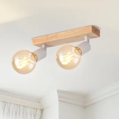 Obrázok produktu pre LVWIT LED stropné svietidlo, 2 žiarovky, moderné otočné stropné svietidlo, drevené stropné bodové svietidlo v bielej farbe, stropná lampa E27 s bodovými svetlami, vhodné do kuchyne, spálne a obývačky (bez žiaroviek)