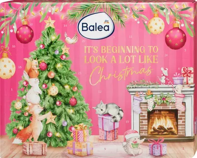 A Christmas advent calendar box with festive decorations, including a Christmas tree, fireplace, and animals.