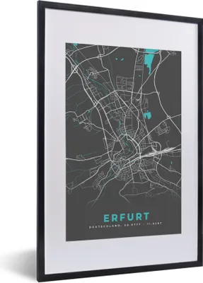 Produktbild von MuchoWow® Gerahmtes Poster Erfurt - Stadtplan - Blau - Karte - Deutschland 40x60 cm - Poster mit Schwarzem Bilderrahmen Wandposter Rahmen Foto Bilder - Poster in Rahmen