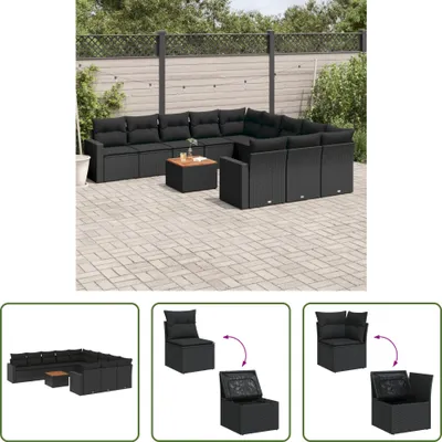 Produktbild von The Living Store 12-tlg. Garten-Sofagarnitur mit Kissen Schwarz Poly Rattan