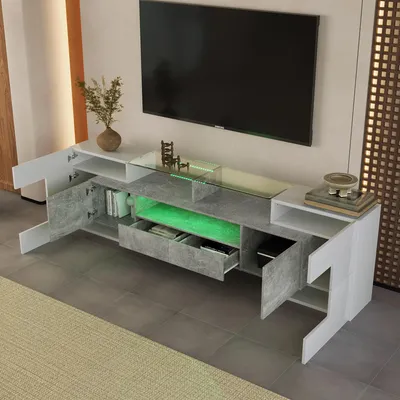 Image de MODFU Meuble TV 200 cm - Design Moderne - Avec LED - Gris