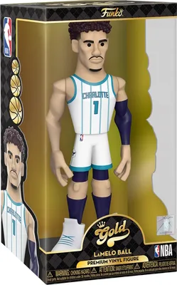 A Funko Gold Premium Vinyl Figure of NBA player LaMelo Ball in his Charlotte Hornets uniform, displayed in its original packaging.