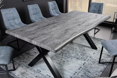 Produktbild von riess-ambiente Industrial Esstisch WILD 160cm grau gekälkt Wildeiche-Design Baumkante schwarz X-Gestell Esszimmertisch Tisch Konferenztisch