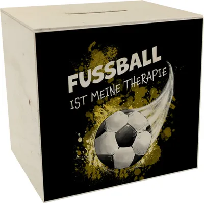 Produktbild von Fußball ist meine Therapie Spardose aus Holz mit Fußball-Motiv in gelb