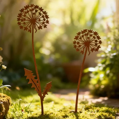 Image de Lot de 2 piquets de jardin, pissenlits effet rouillé, 28 cm – Décoration de jardin pour l'extérieur, métal résistant aux intempéries – Piquets décoratifs, pissenlits effet rouillé – Décoration de balcon, décoration de jardin résistante aux intempéries, effet rouillé