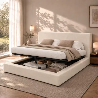 Productafbeelding van Flieks hydraulisch verstelbaar boxspringbed 180x200 cm met lattenbodem, tweepersoonsbed met opbergruimte en hoofdeinde, jeugdbed met hydraulische bediening en chenille bekleding, beige