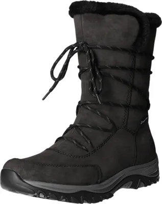 A single gray winter boot with black fur lining and black laces is shown against a white background.