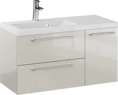 Produktbild von FURNI Waschtischunterschrank RON 90 D L cm - Kaschmir - Hängender Badschrank mit Mineralguss - Waschbecken - Griffe Chrom - Vormontiert