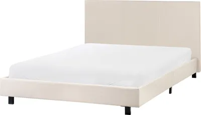 Produktbild von BELIANI Polsterbett Beige Stoffbezug mit Lattenrost 140 x 200 cm Extra Hohes Kopfteil Schwarze Metallbeine Klassisch Modern Doppelbett
