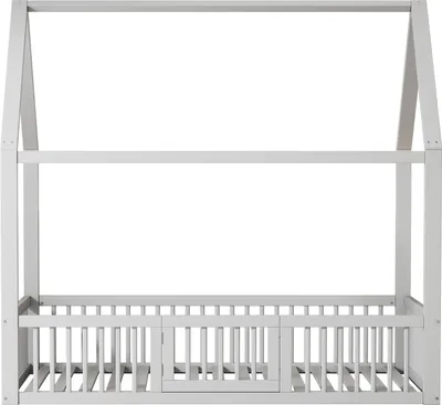 A white wooden house-shaped bed frame with a slatted base and a small door opening.