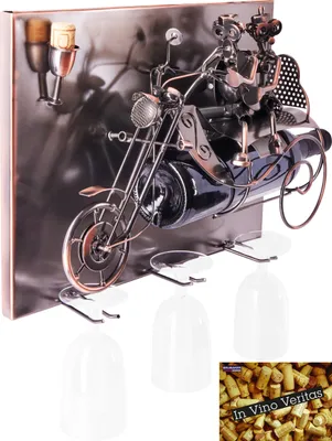 Immagine prodotto di Brubaker portabottiglie da vino coppia in moto - quadro artistico da parete in metallo - con 3 portabicchieri - incluso biglietto d'auguri per regalo vino