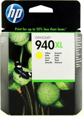 The image shows the packaging of an HP OfficeJet 940XL yellow ink cartridge.