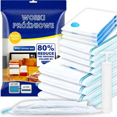 A product package for vacuum storage bags, with a stack of vacuum bags and a hand pump shown next to it.