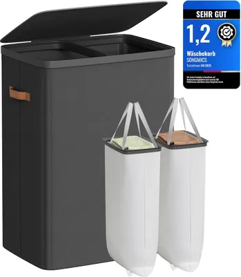 Produktbild von Songmics Wäschekorb 170L 2 Fächer Deckel Tintenschwarz