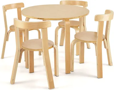 Produktbild von COSTWAY Kindersitzgruppe mit 4 Stühlen, 5-teiliges Kindertisch- & Stuhl-Set aus Pappel + Birken mit abgerundete Ecken & Kanten, Kindermöbel für Kinder ab 4 Jahren (Natur)