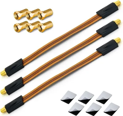 A set of flat TV/SAT cables with F-connectors and additional F-connectors, along with adhesive pads, displayed on a white background.