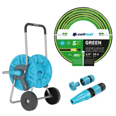 Produktbild von Schlauchwagen Cellfast Aluplus 1/2" 60 m + Gartenschlauch Cellfast Green ATS2 1/2" 25 m + Set mit geradem Sprühkopf Cellfast Basic 1/2"