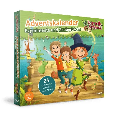 A box for an advent calendar with a scene of children and a witch on a dock.