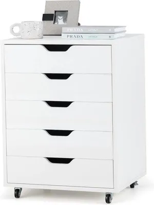 Image de Caisson à roulettes blanc à 5 tiroirs, tiroir de bureau