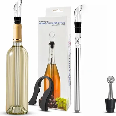 Produktbild von Weinkühlstab Set, 1 Kühlstäben + 1 Ausgießer + 1 Flaschenverschluss + 1 Folienschneider, Ideales Weinzubehör für jede Flaschengröße