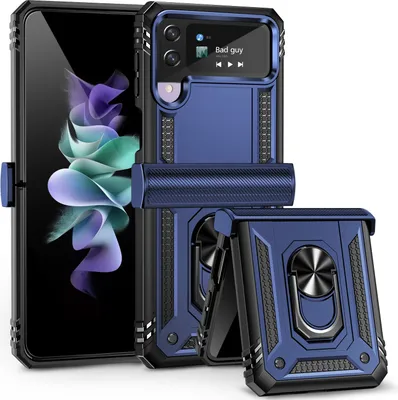 Produktbild von Galaxy Z Flip4 Hülle, Dual Layer Robust Militäre Scharnierschutz Schutzhülle mit Ringhalterung Ständer für Samsung Galaxy Z Flip 4 5G Blau