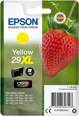 Obrázok produktu pre Epson Strawberry Singlepack Yellow 29XL Claria Home Ink, Vysoký (XL) výnos, Žltá, Atrament na pigmentovej báze, 6,4 ml, 1 kusov, 450 strany