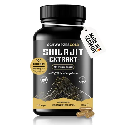 Produktbild von Shilajit Kapseln Hochdosiert - 10:1 Extrakt mit 83% Fulvinsäure, abgefüllt und labor in DE, 120 Kapseln, 900mg Mumijo Tagesdosis