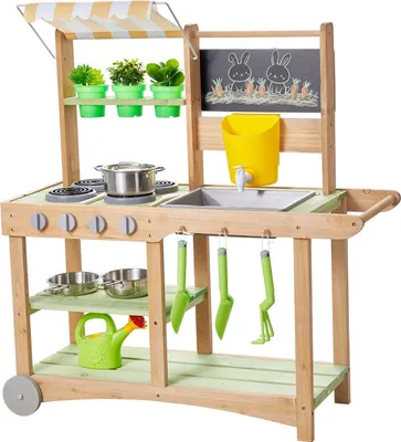 Produktbild von Kinderküche - Spielküche aus Holz - Spüle - Sonnendach - Lenkrollen - Inkl. Kochgeschirr & Zubehör - Ab 3 Jahren - 88 x 32,6 x 90 cm