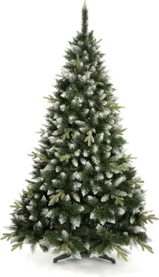 A full shot of a Christmas tree with artificial snow on its branches, set against a white background.