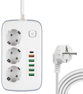 Obrázok produktu pre Predlžovací kábel s prepäťovou ochranou a vypínačom, 3 zásuvky + 6 USB portov, 2 m kábel, detská poistka, biela