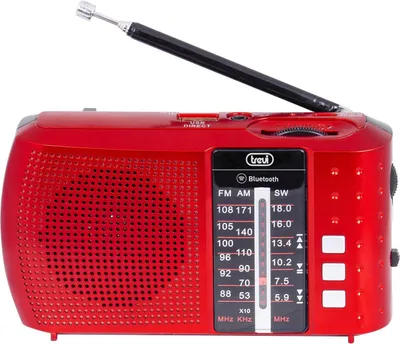A red portable radio with an extended antenna, shown against a white background.