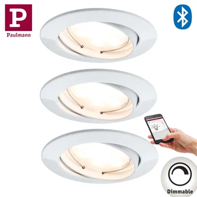 Immagine prodotto di Set di 3 faretti da incasso LED Paulmann SmartHome Bluetooth, potenza 3x5,8W, dimmerabili, orientabili, 230/24V, diametro 51mm, colore bianco con finiture in alluminio e zinco