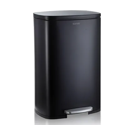 A black pedal trash can with a silver pedal and lid.