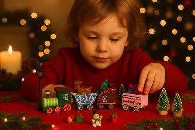 Produktbild von Weihnachtsdeko Holz-Zug mit Zubehör – festliche Miniatur-Szene für Weihnachten