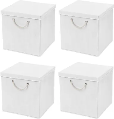 Produktbild von 4 Stück Weiß Faltbox 30 x 30 x 30 cm Aufbewahrungsbox faltbar mit Kordel und mit Deckel