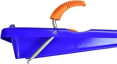 A close-up side view of a blue plastic sled with an orange handle and silver metal supports.