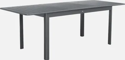 A gray, rectangular, extendable garden table with four legs is shown against a plain light gray background.