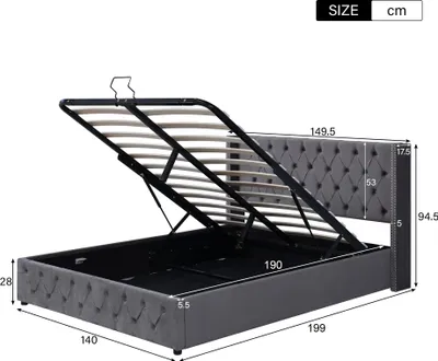 Produktbild von okwish Polsterbett 140x200 cm, Doppelbett, hydraulisches Funktionsbett, Antifouling, schwarzer Vliesstoff, ohrenförmiges zweireihiges Nietensamt-Teenagerbett (grau)