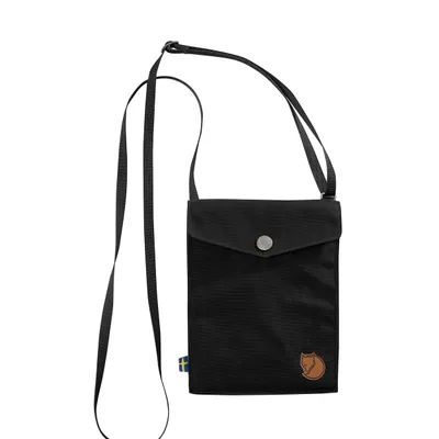 A black Fjällräven crossbody bag is shown against a white background.
