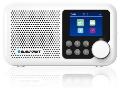 A white Blaupunkt portable radio is shown from the front on a white background.