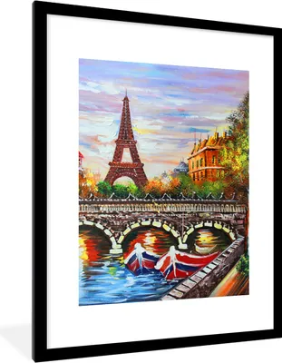 Produktbild von MuchoWow® Gerahmtes Poster Gemälde - Öl - Eiffelturm - Paris - Wasser 60x80 cm - Poster mit Schwarzem Bilderrahmen Wandposter Rahmen Foto Bilder - Wohnzimmer - Dekorationen - Prämie